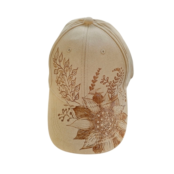 Hand Burned Floral Baseball Cap, Faux Suede. Unique - Picture 4 of 6